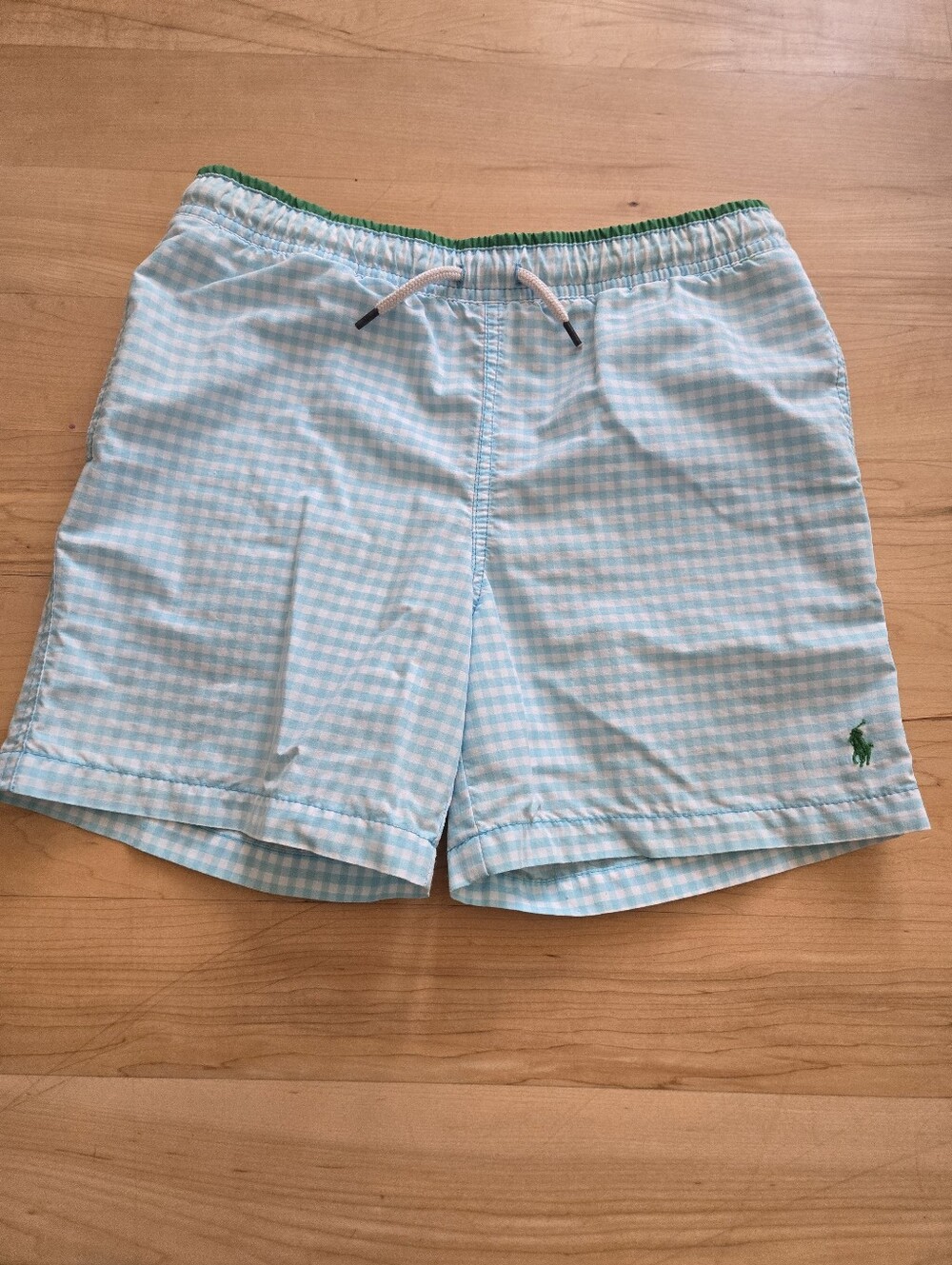 Polo by Ralph Lauren Boys Light Blue Gingham Swim Trunks with Green Trim